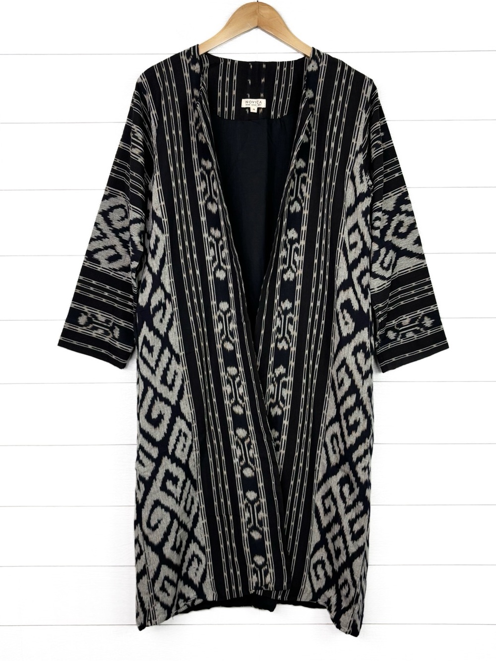Novica Kartini Hand Woven Ikat Cotton Long Duster Jacket Black White Medium